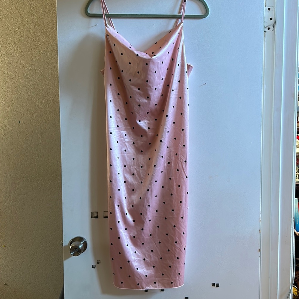 Baby Pink Satin Polka Dot Midi Dress - S